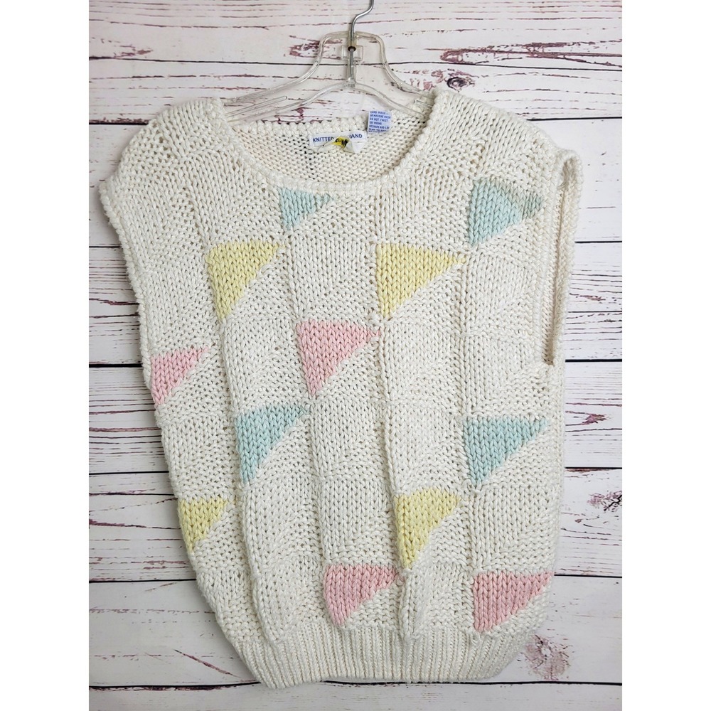 Vtg 80s Milky Way Sweater Vest Small White Pastel Geometric Hand Knitted